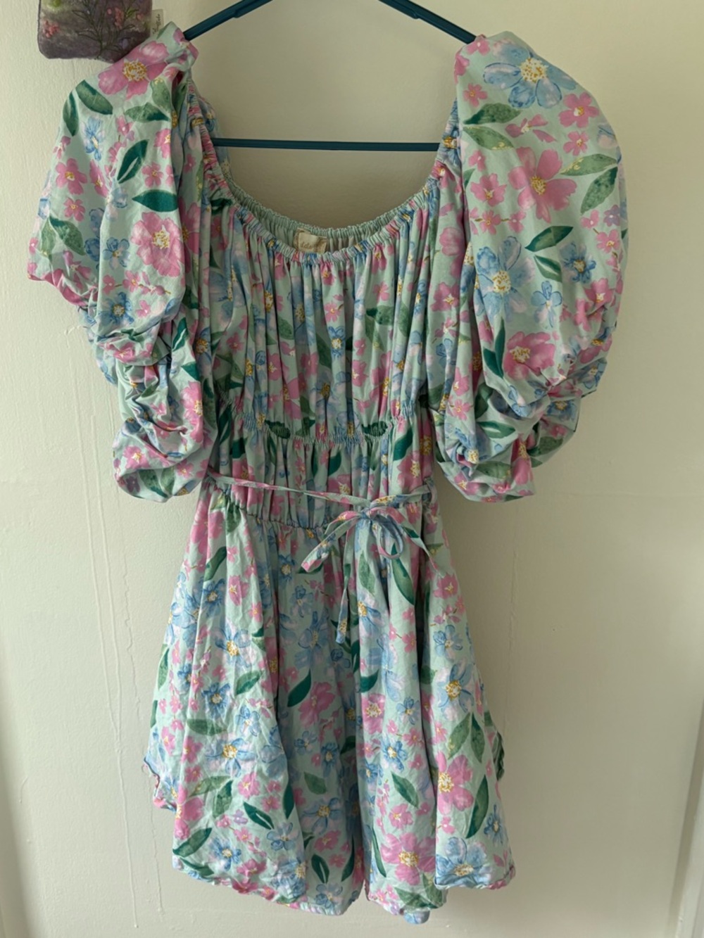 Altar'd State Pastel Floral Puff-Sleeve Mini Dress in Light Blue and Pink